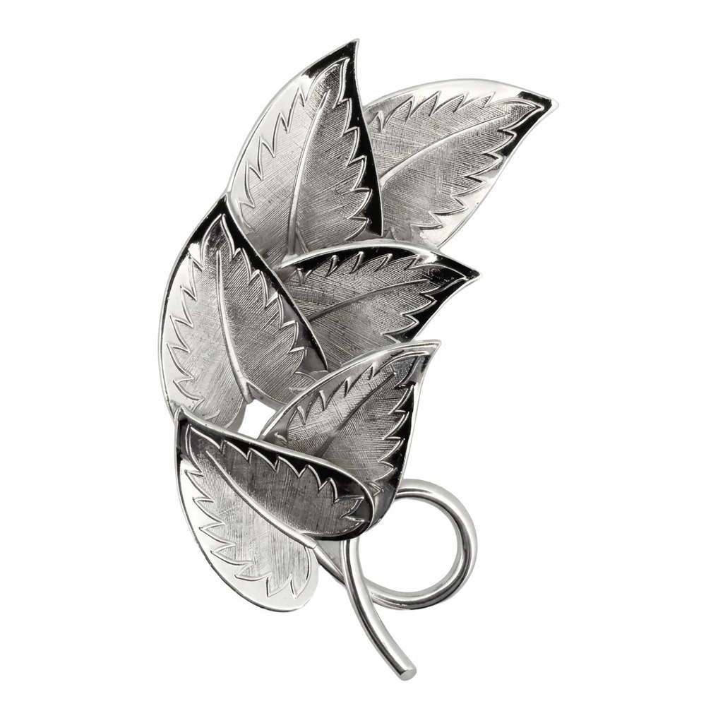 Vintage Coro Signed Silver Tone Leaves Brooch Pin Mid Century Leaf Spray 1950s